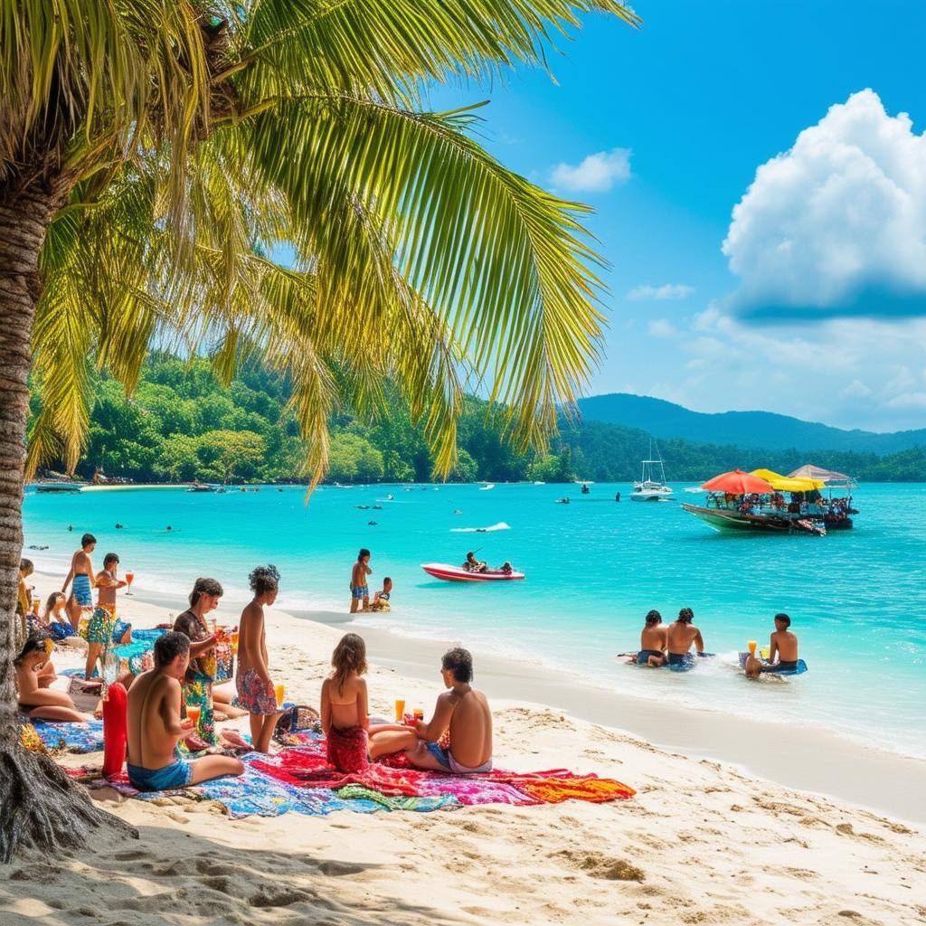 The image captures a vibrant tropical scene on Cebu Island, Philippines, showcasing its renowned white sandy beaches and sparkling emerald waters