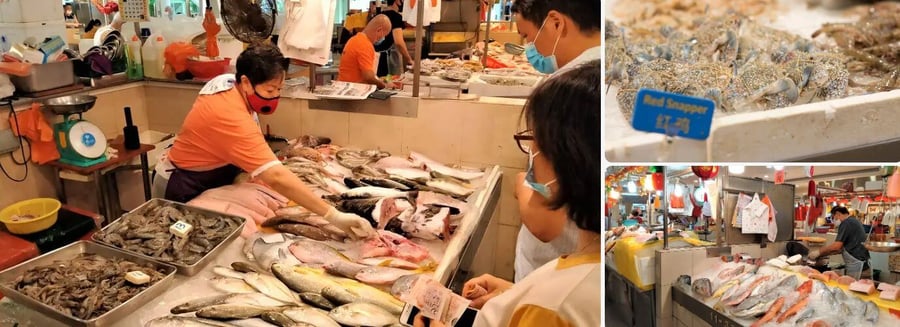 肉売り場を越え、魚売り場へやってきたら、かなりの人がいます。お店の数も他より多い気がします。魚だけじゃなく、魚介類ということで、蟹や海老、貝類も売られていて、お店の人にいろいろと尋ねたりしながら吟味して選ぶお客さんの姿は真剣そのもの。ここでも通常は量り売りです。&nbsp;