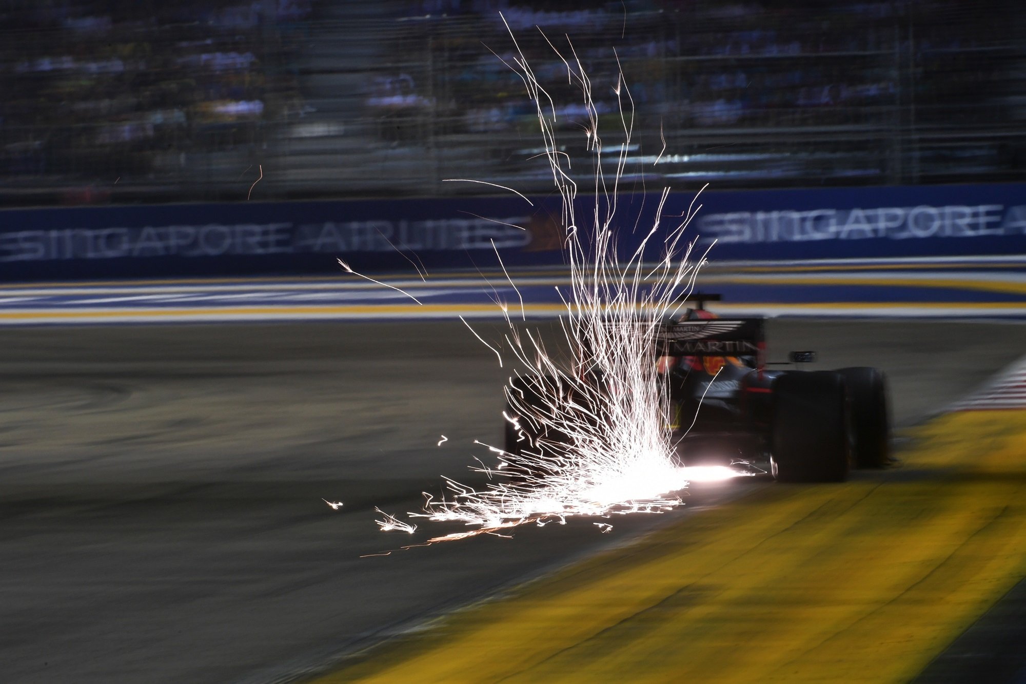 Sparks emitting from cars at the Marina Bay Street Circuit